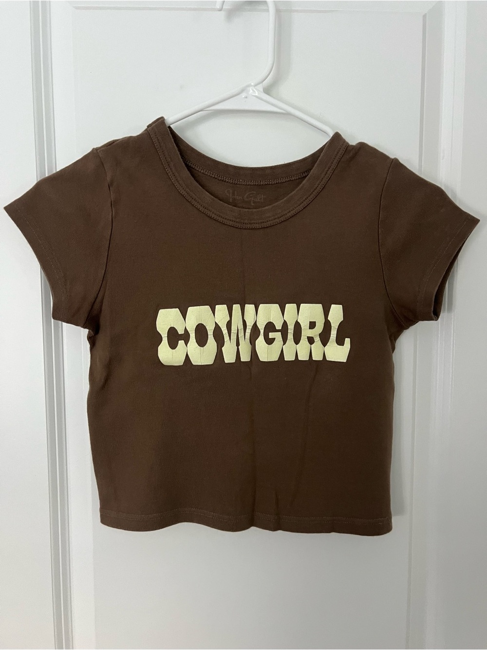 Brandy Melville Vintage Brown Tee with Cream "COWGIRL" Graphic
